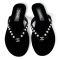 Pearl Embellished Flip-Flops - Black - View 1