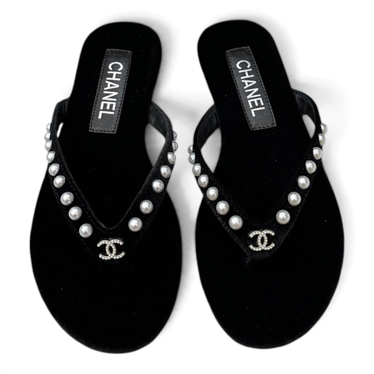 Pearl Embellished Flip-Flops - Black - View 1