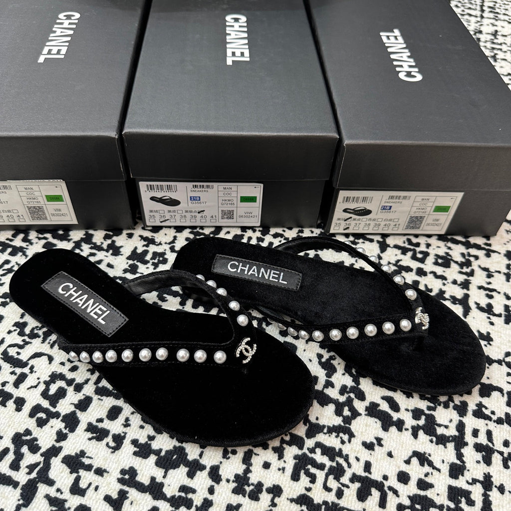 Pearl Embellished Flip-Flops - Black - View 8