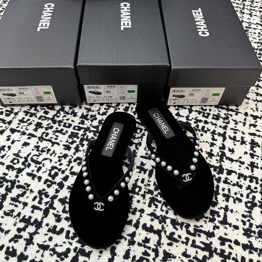 Pearl Embellished Flip-Flops - Black - View 5