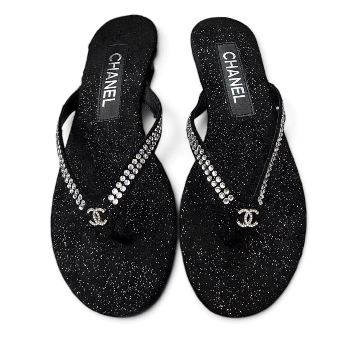 Crystal Embellished Flip-Flops - Black - View 2