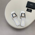 Square-Toe Turn-Lock Flat Slide Sandals - White And Black - View 5