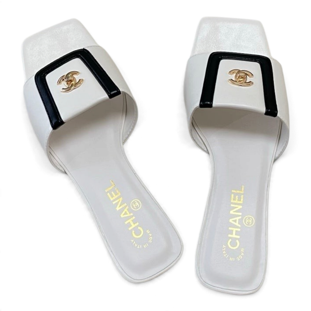 Square-Toe Turn-Lock Flat Slide Sandals - White And Black - View 5