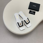 Square-Toe Turn-Lock Flat Slide Sandals - White And Black - View 3