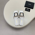 Square-Toe Turn-Lock Flat Slide Sandals - White And Black - View 4