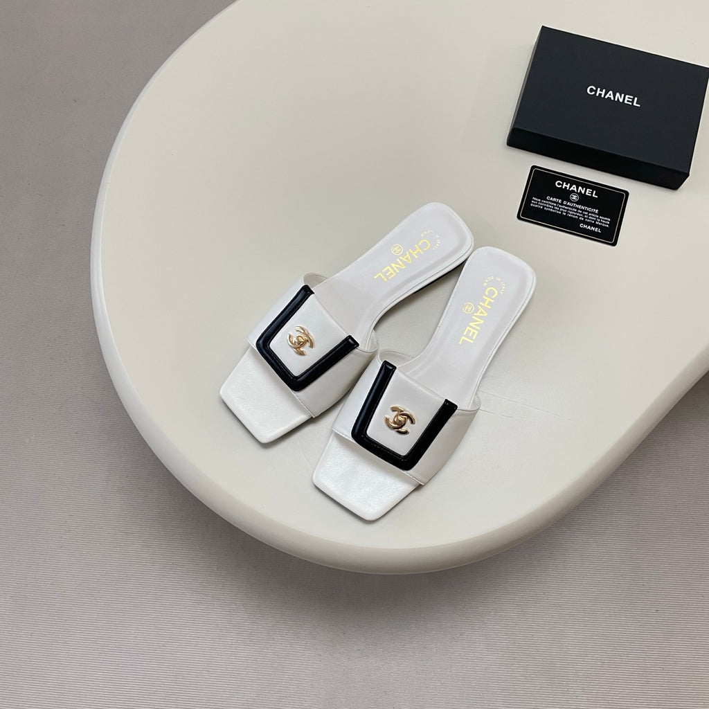 Square-Toe Turn-Lock Flat Slide Sandals - White And Black - View 2