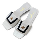 Square-Toe Turn-Lock Flat Slide Sandals - White And Black - View 2