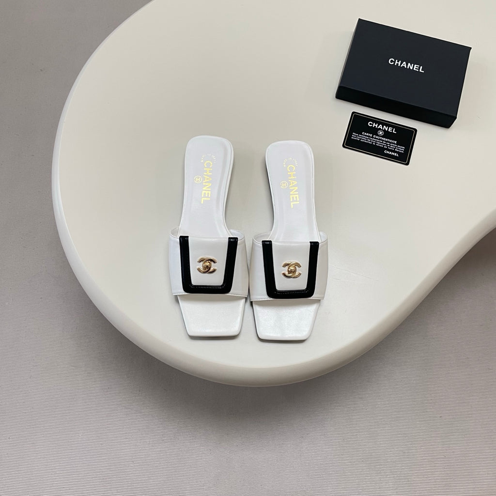 Square-Toe Turn-Lock Flat Slide Sandals - White And Black - View 1