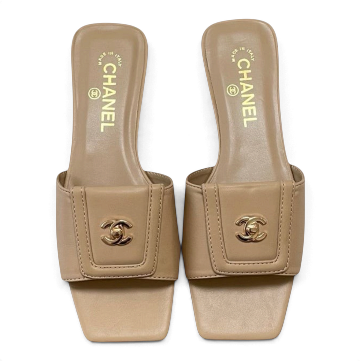 Square-Toe Turn-Lock Flat Slide Sandals - Beige - View 1