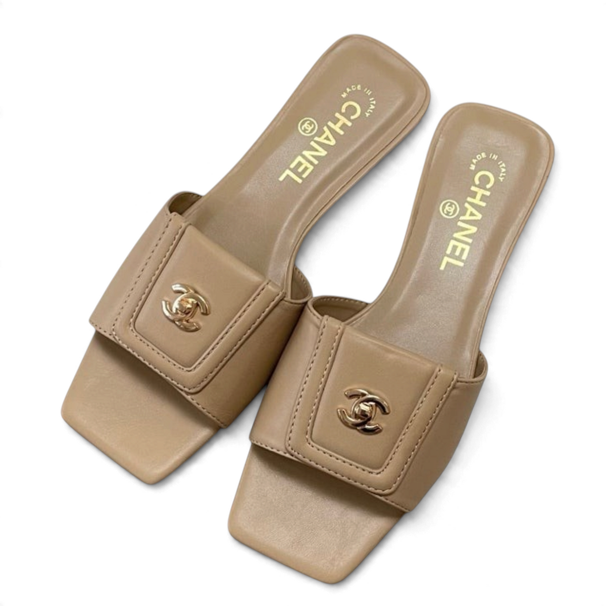 Square-Toe Turn-Lock Flat Slide Sandals - Beige - View 2