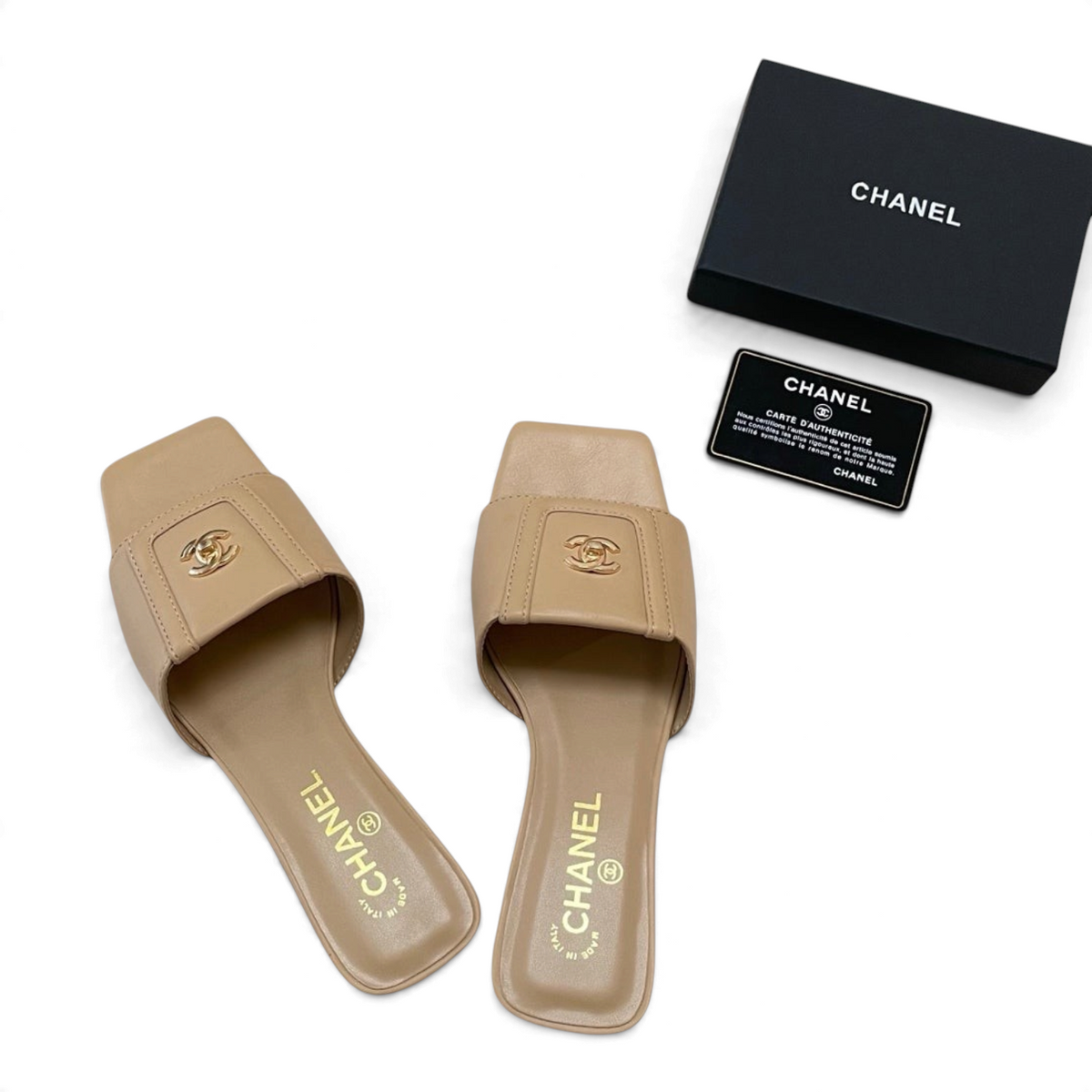 Square-Toe Turn-Lock Flat Slide Sandals - Beige - View 5