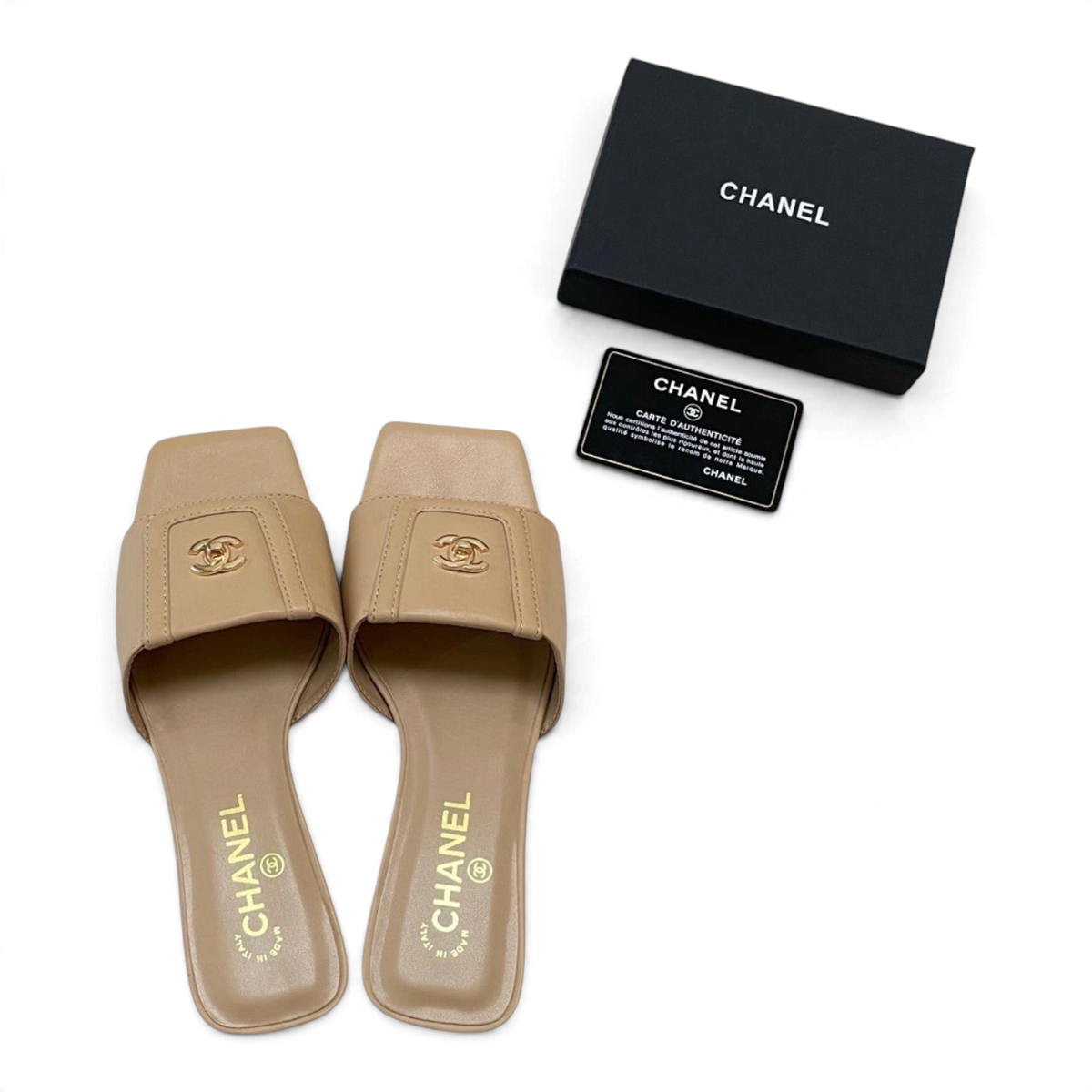 Square-Toe Turn-Lock Flat Slide Sandals - Beige - View 4