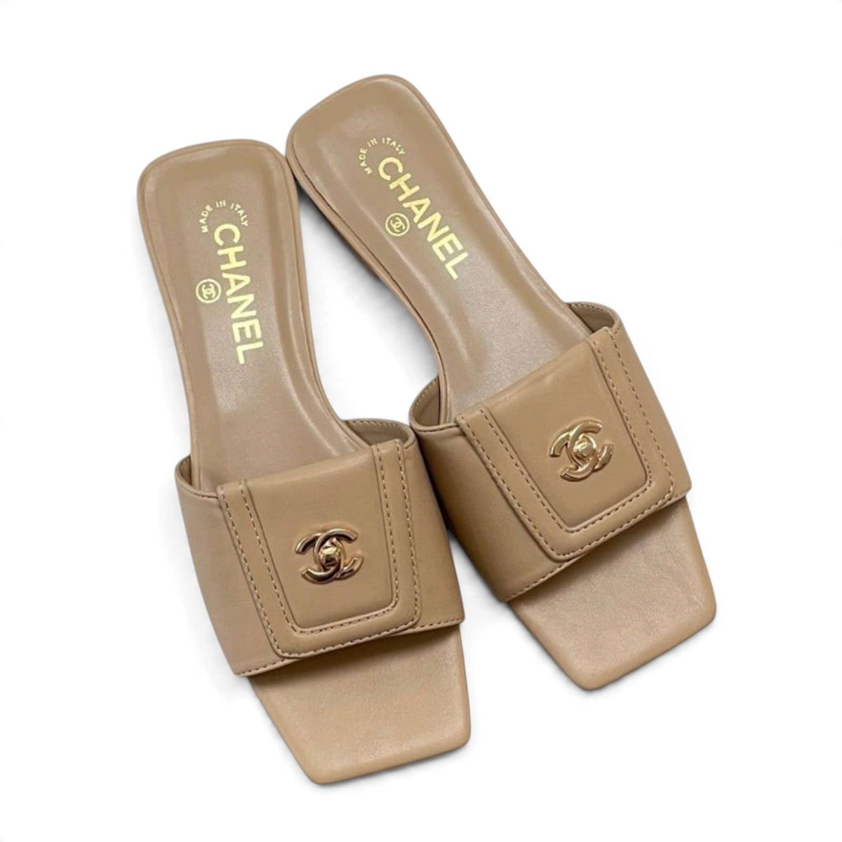 Square-Toe Turn-Lock Flat Slide Sandals - Beige - View 3