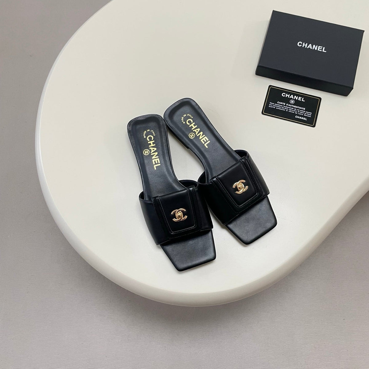 Square-Toe Turn-Lock Flat Slide Sandals - Black - View 3