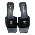 Square-Toe Turn-Lock Flat Slide Sandals - Black - View 1