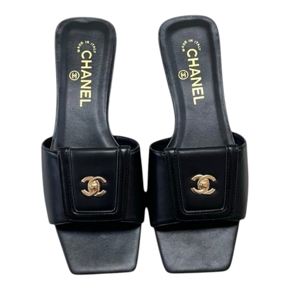 Square-Toe Turn-Lock Flat Slide Sandals - Black - View 1