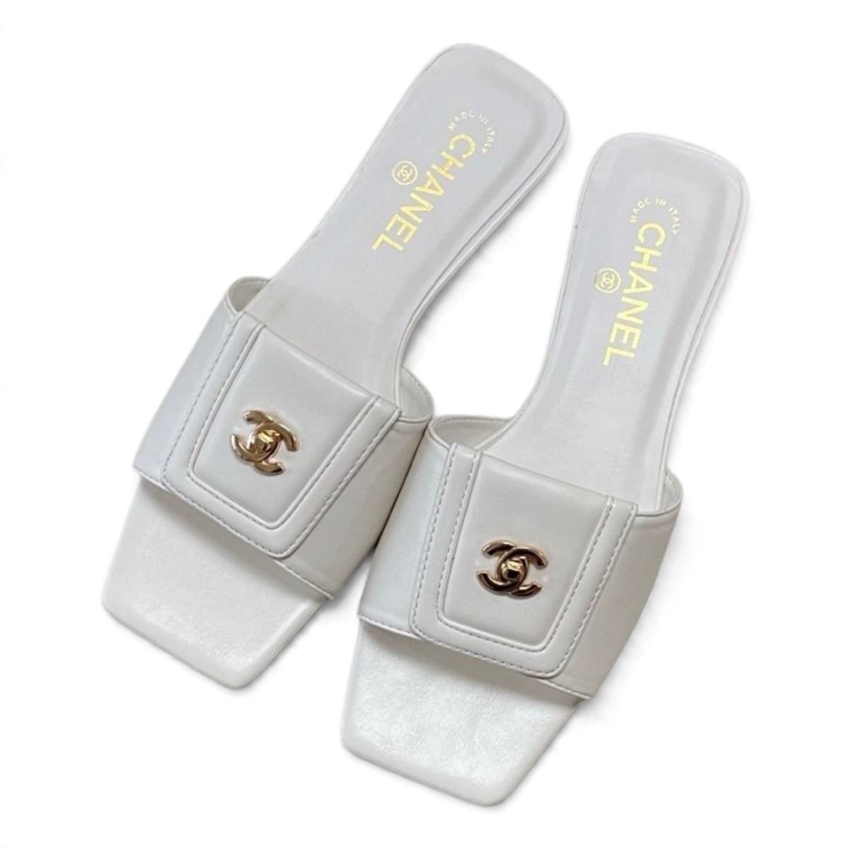 Square-Toe Turn-Lock Flat Slide Sandals - White - View 2
