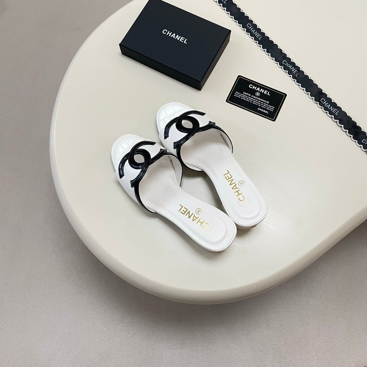 Two-Tone Double C Kitten-Heel Slide Sandals - White - View 5