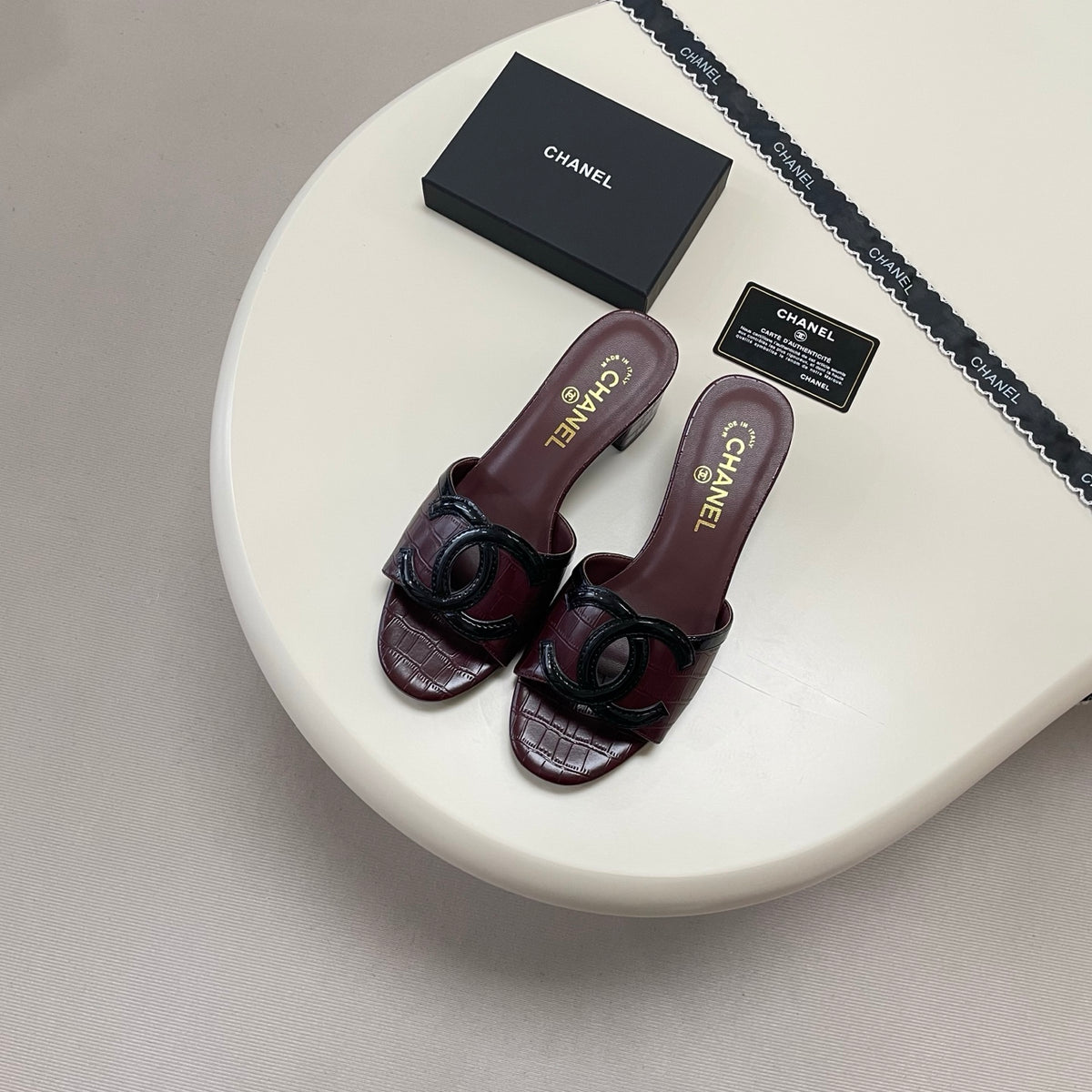 Two-Tone Double C Kitten-Heel Slide Sandals - Burgundy - View 2