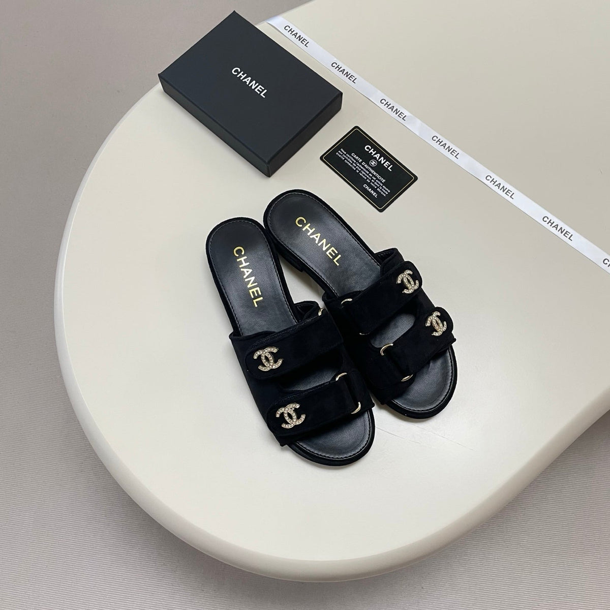 Crystal Double C Velcro Slide Sandals - Black - View 3