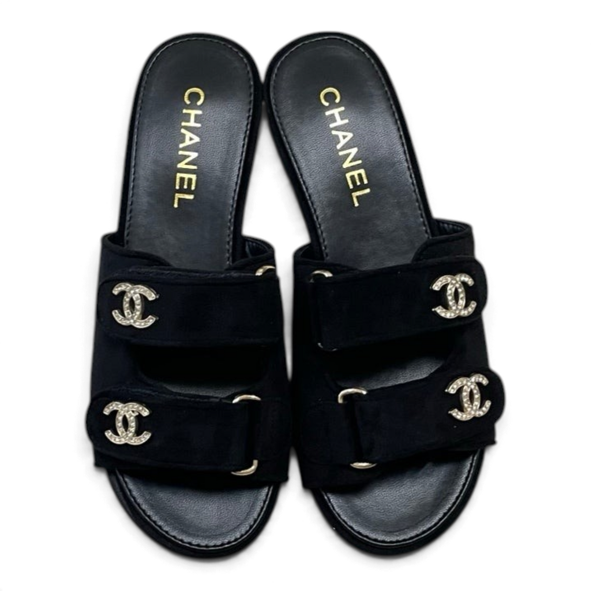 Crystal Double C Velcro Slide Sandals - Black - View 2