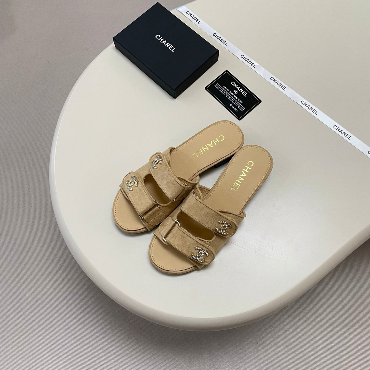 Crystal Double C Velcro Slide Sandals - Tan - View 1