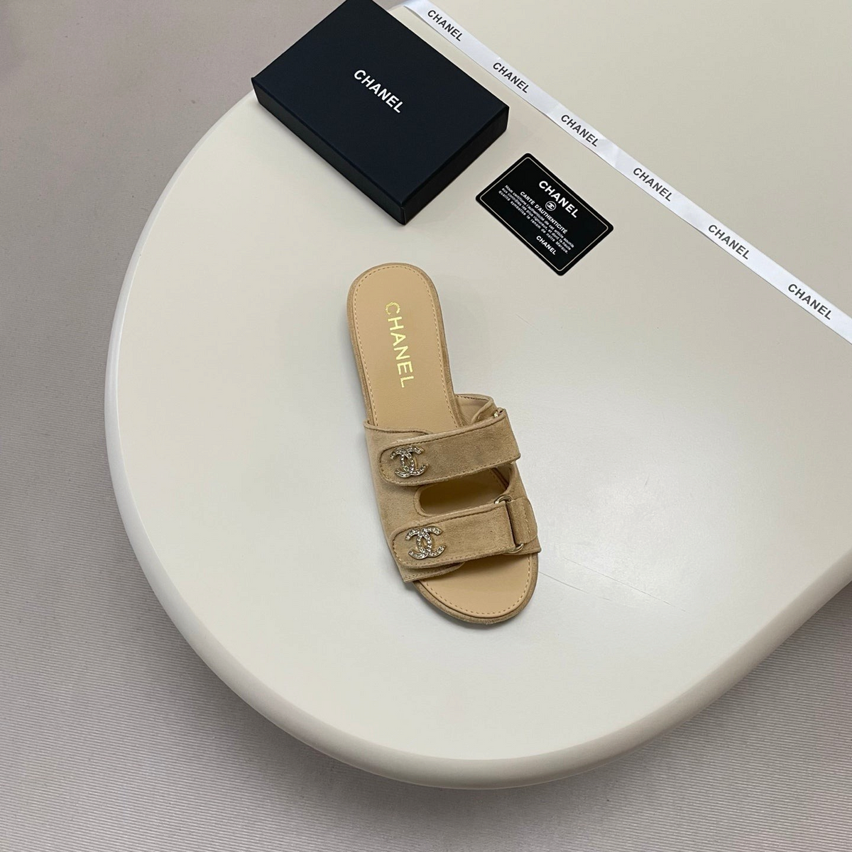 Crystal Double C Velcro Slide Sandals - Tan - View 6
