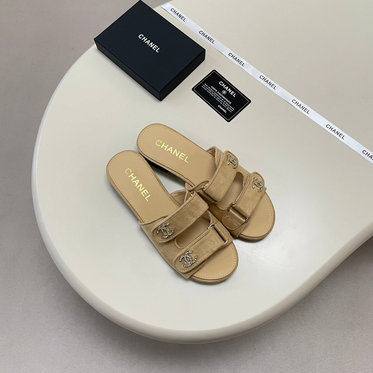 Crystal Double C Velcro Slide Sandals - Tan - View 3