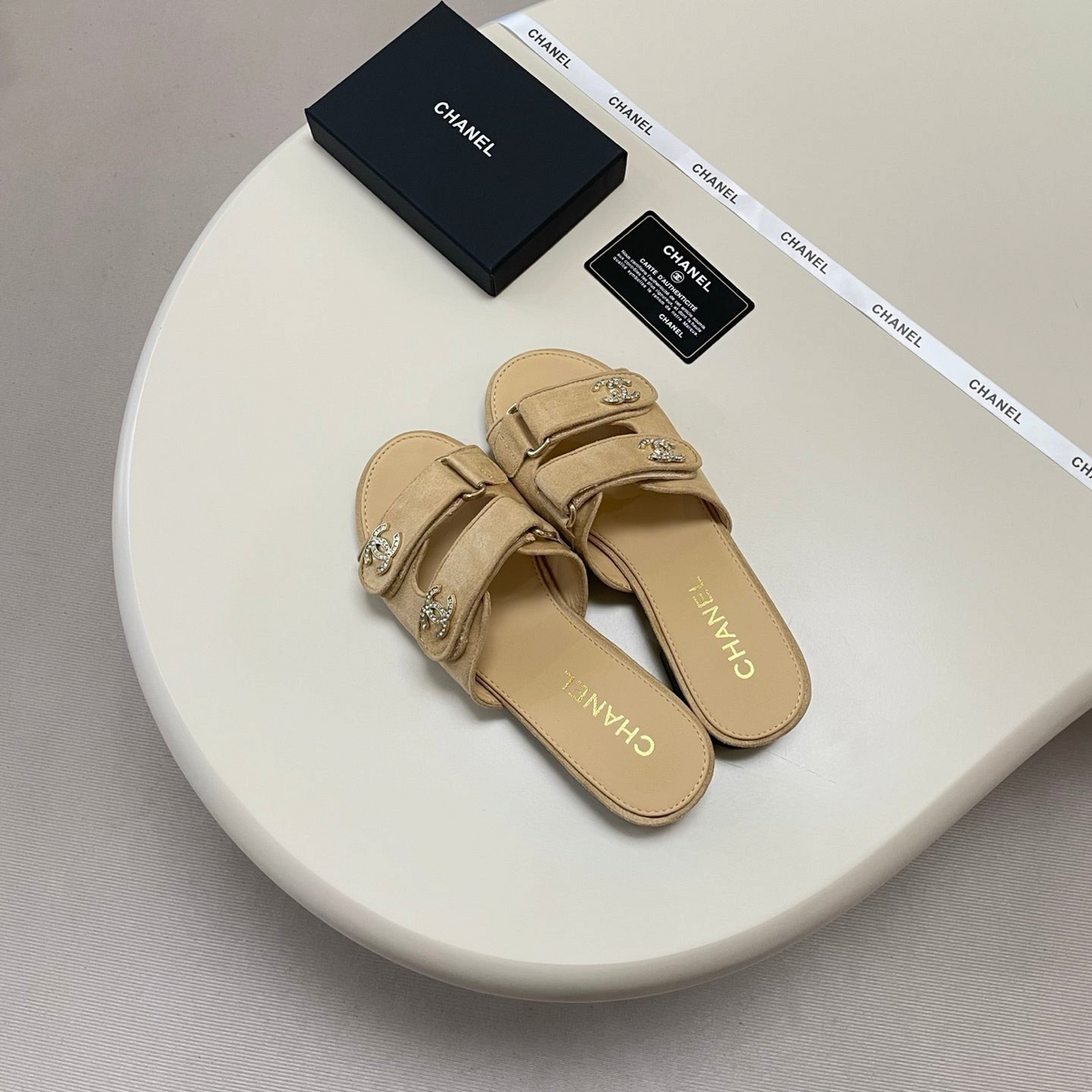 Crystal Double C Velcro Slide Sandals - Tan - View 4