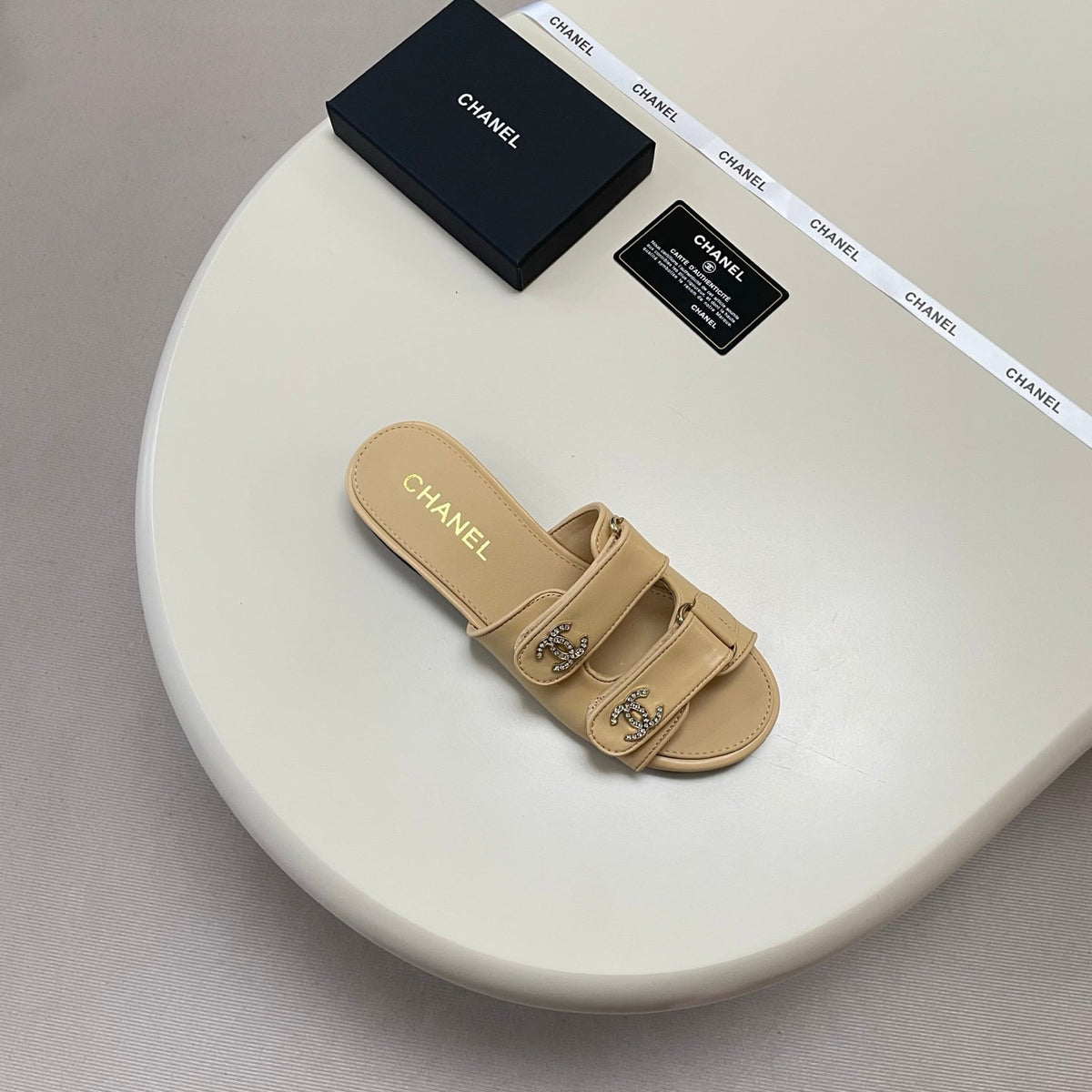 Crystal Double C Velcro Slide Sandals - Beige - View 6