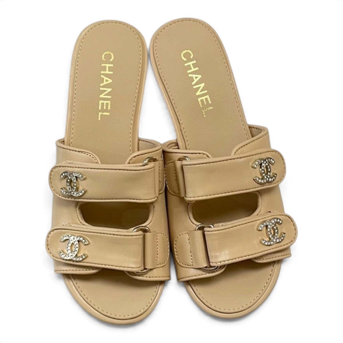 Crystal Double C Velcro Slide Sandals - Beige - View 2