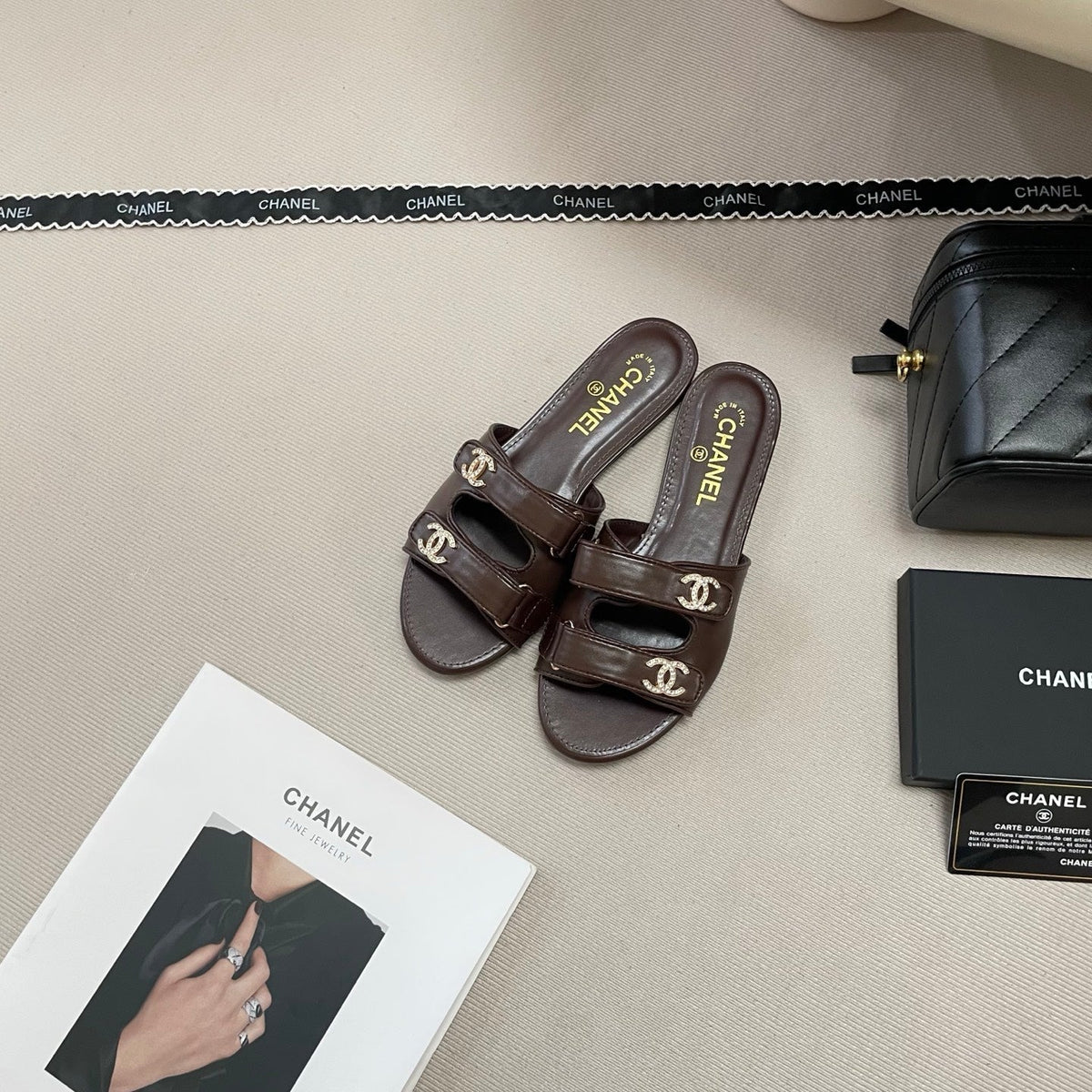 Crystal Double C Velcro Flat Sandals - Taupe - View 2