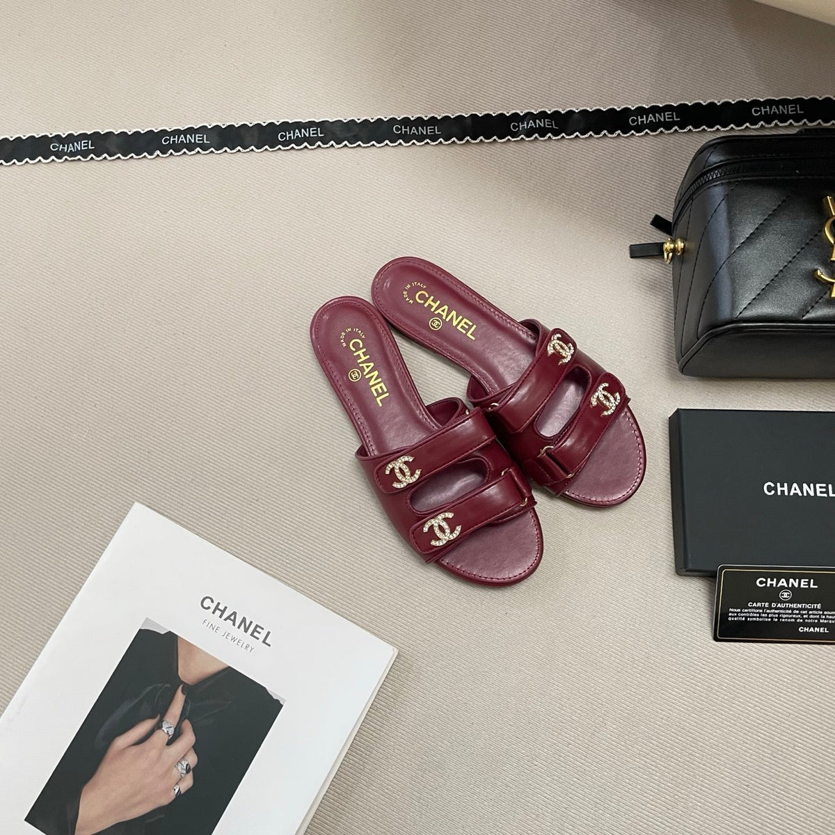 Crystal Double C Velcro Flat Sandals - Burgundy - View 3