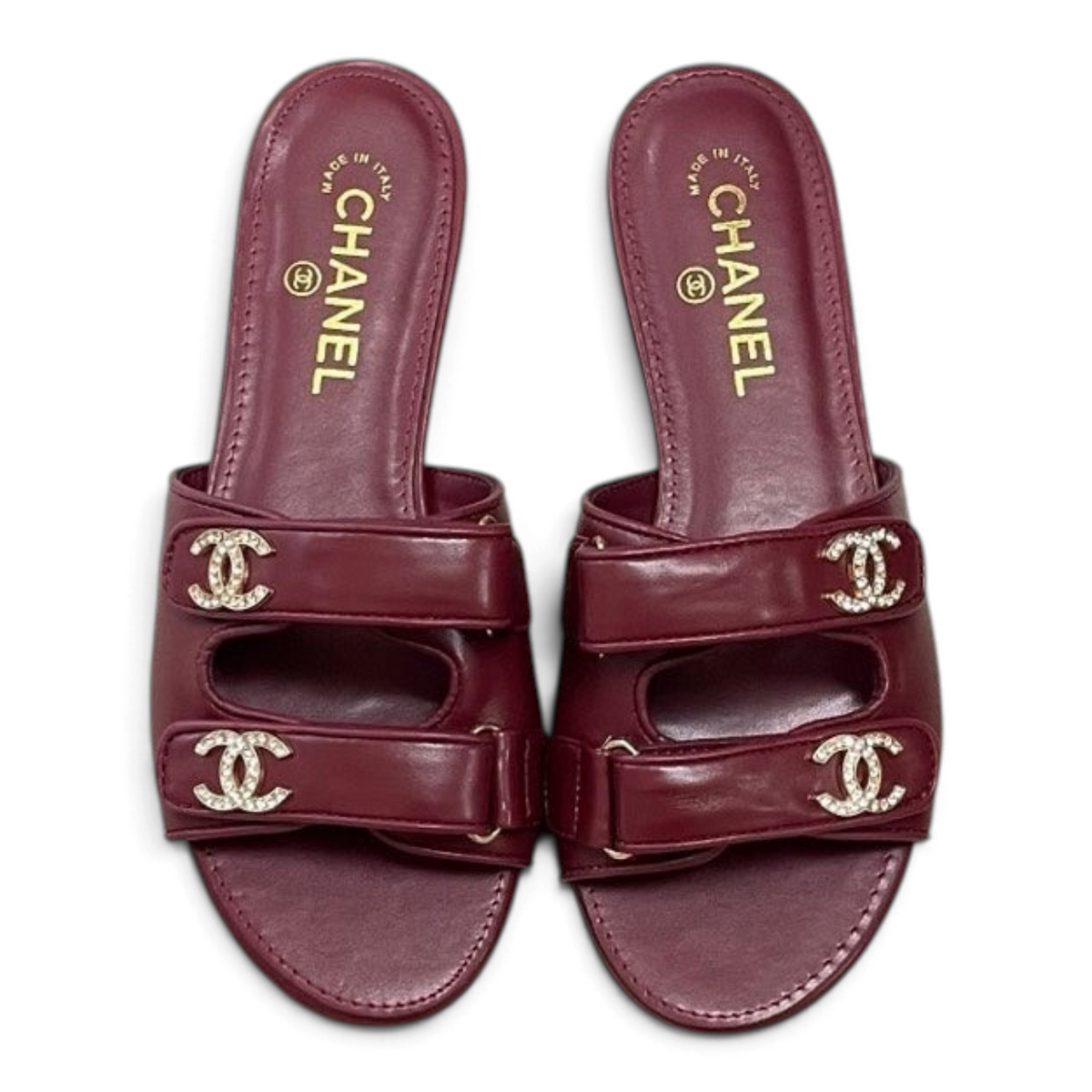 Crystal Double C Velcro Flat Sandals - Burgundy - View 1
