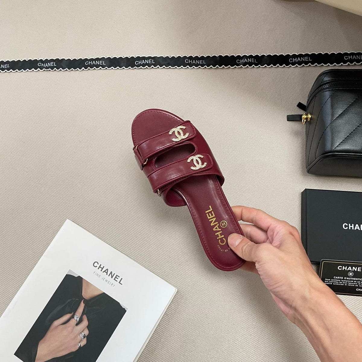 Crystal Double C Velcro Flat Sandals - Burgundy - View 9