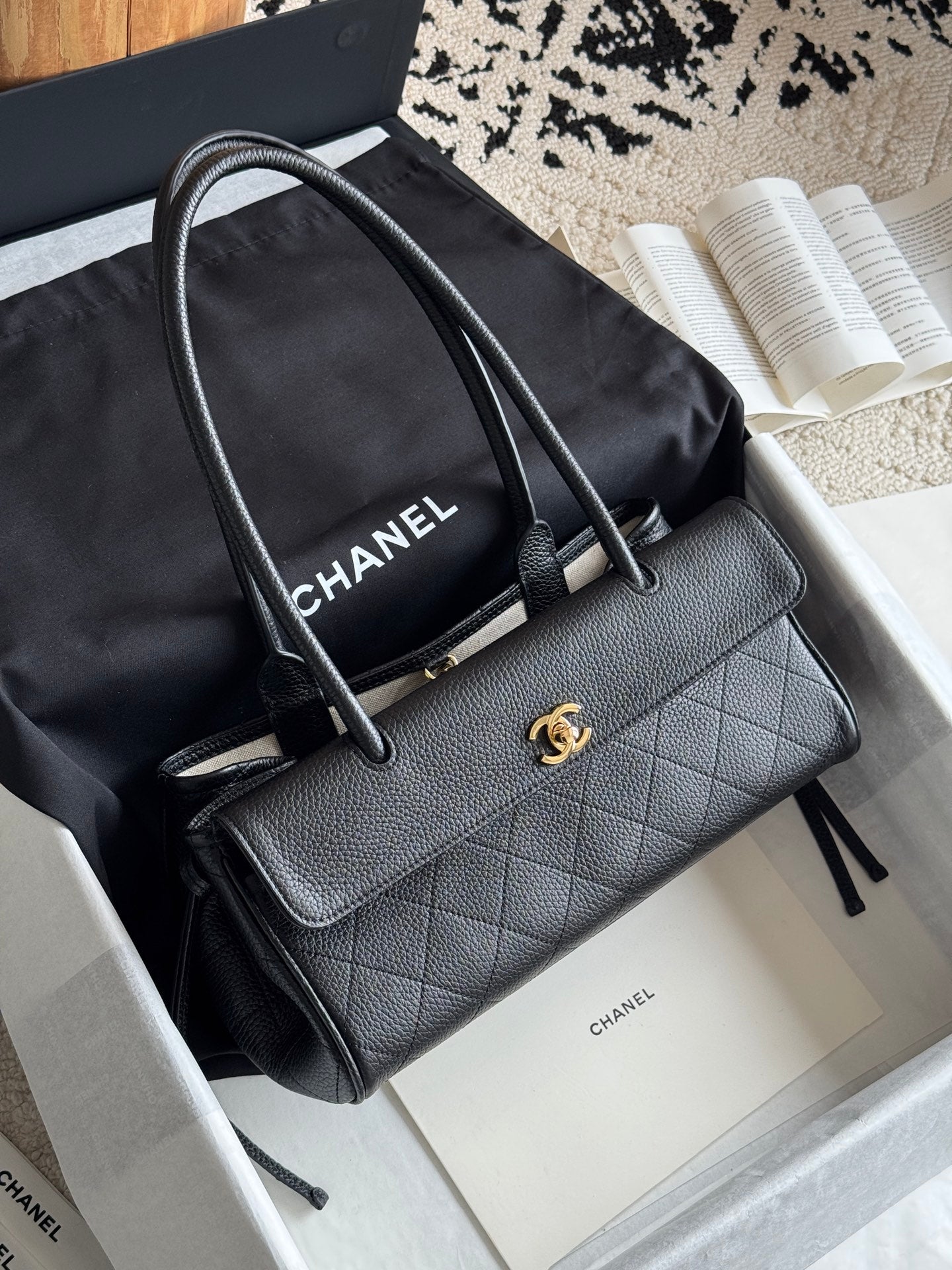 26S Small Shopping Bag in Black Grained Calfskin