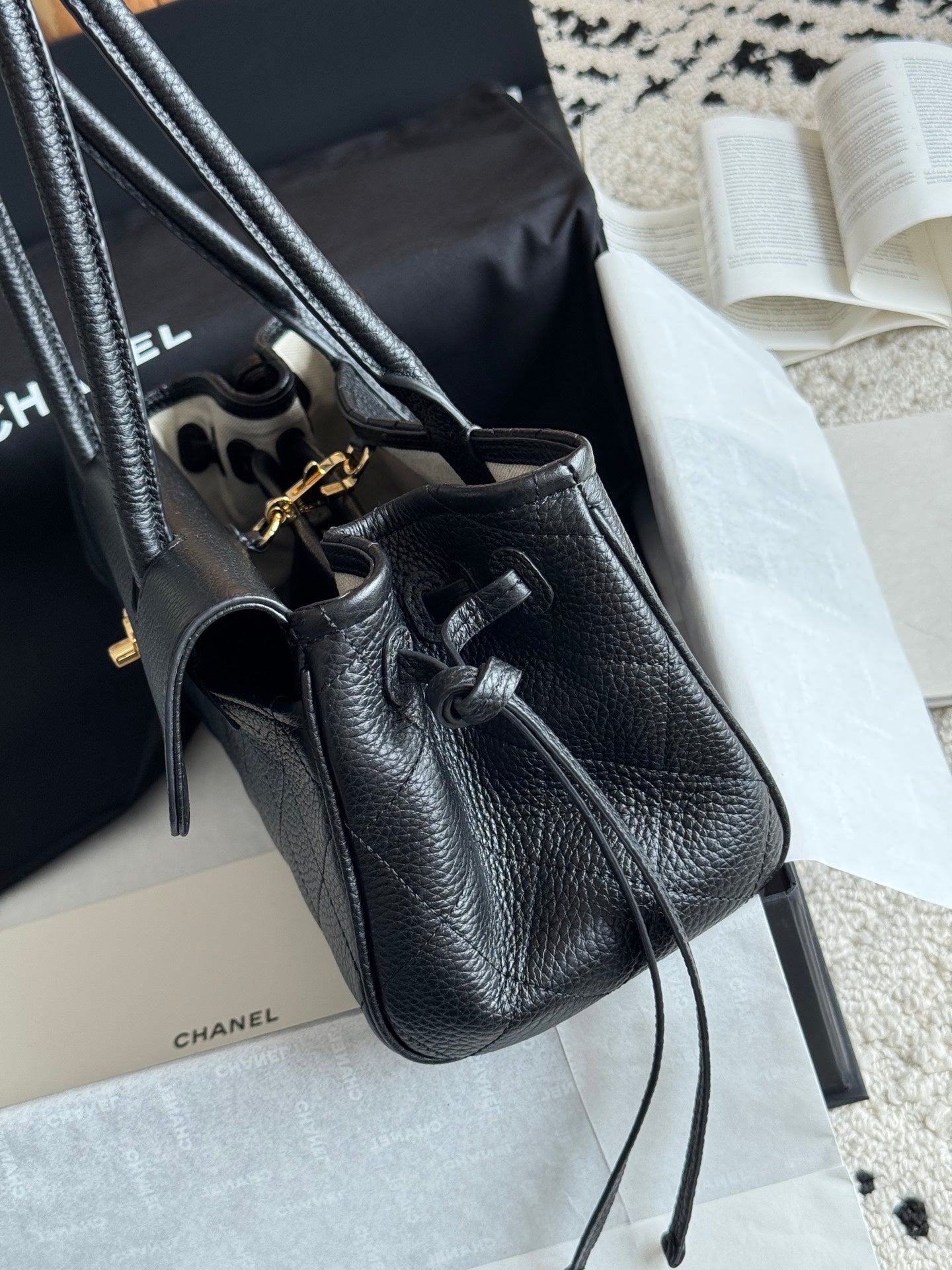 26S Small Shopping Bag in Black Grained Calfskin