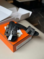 Crystal Buckle Mid-Heel Mules - Black - View 2