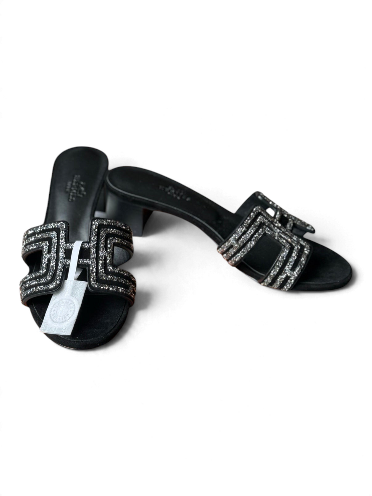 Crystal Buckle Mid-Heel Mules - Black - View 2