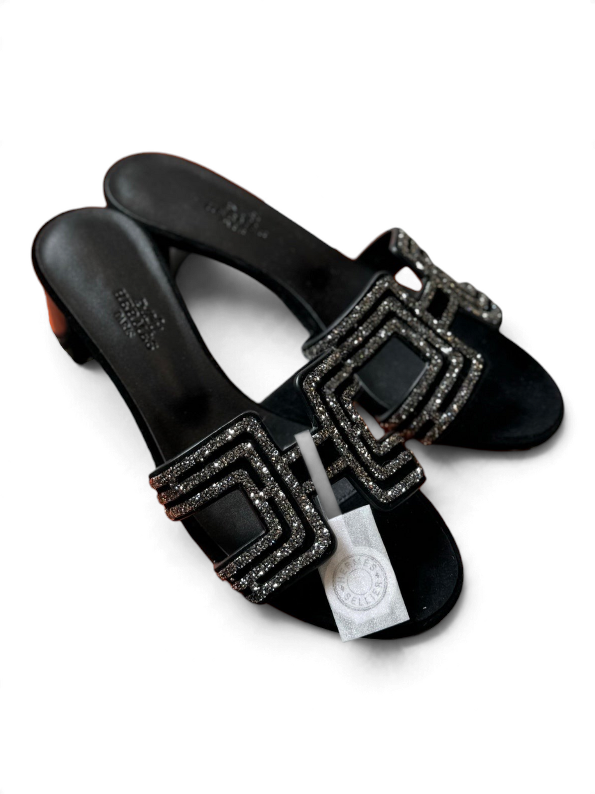 Crystal Buckle Mid-Heel Mules - Black - View 1