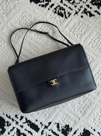 26S CF Maxi Large Flap Bag in Black Grained Leather with Gold-Tone Hardware