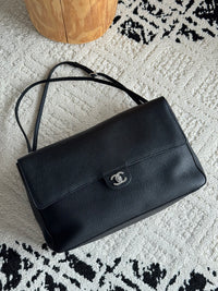 26S CF Maxi Large Flap Bag in Black Grained Leather with Silver-Tone Hardware