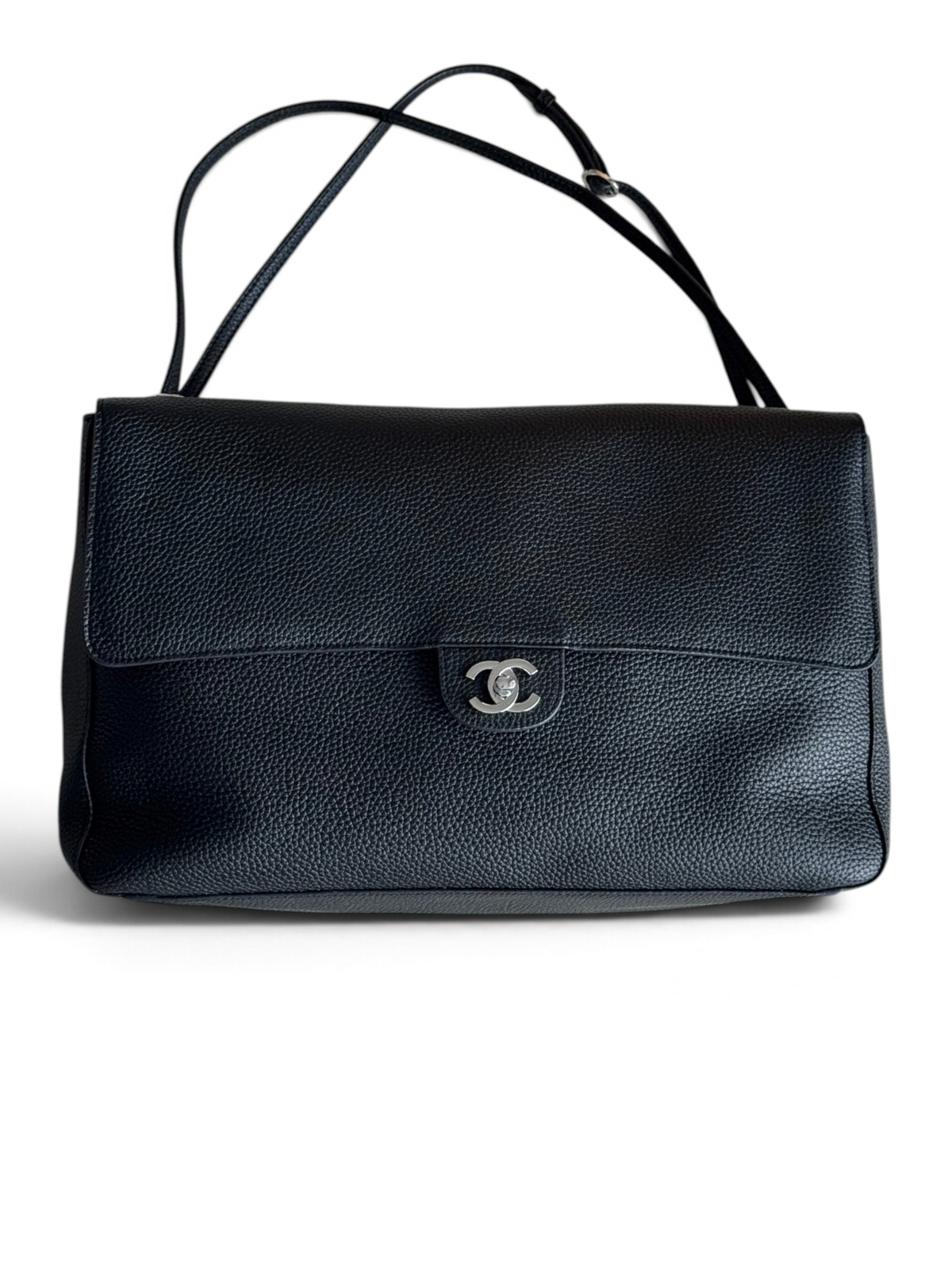 Chanel 26S CF Maxi Large Flap Bag in Black Grained Leather with Silver-Tone Hardware - Front View