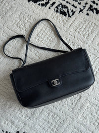 26S CF Maxi Small Flap Bag in Black Grained Leather with Silver-Tone Hardware