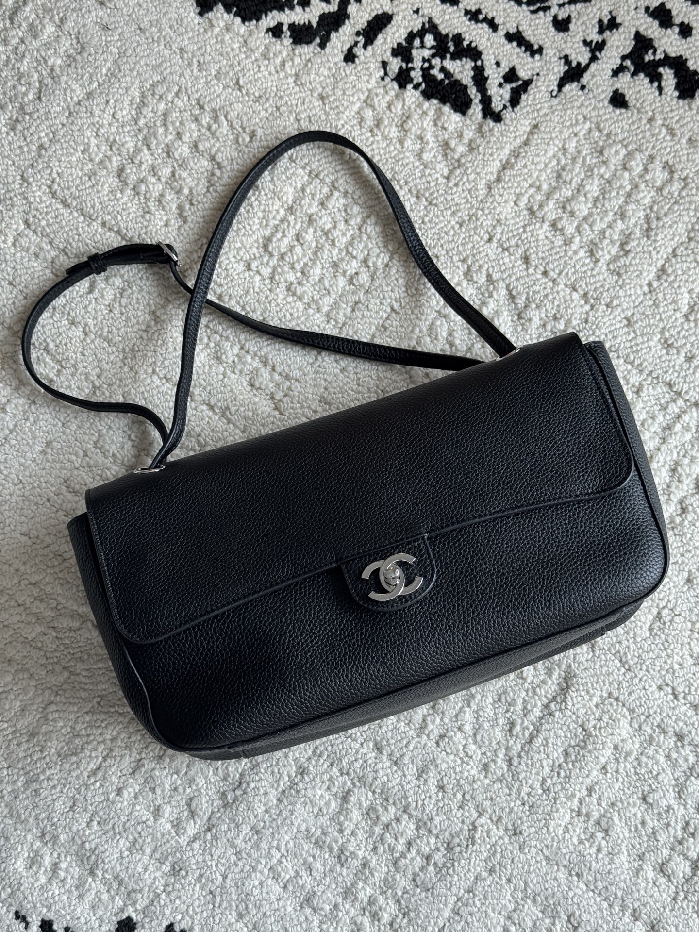 Chanel 26S CF Maxi Small Flap Bag in Black Grained Leather with Silver-Tone Hardware - Front View