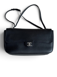 26S CF Maxi Small Flap Bag in Black Grained Leather with Silver-Tone Hardware