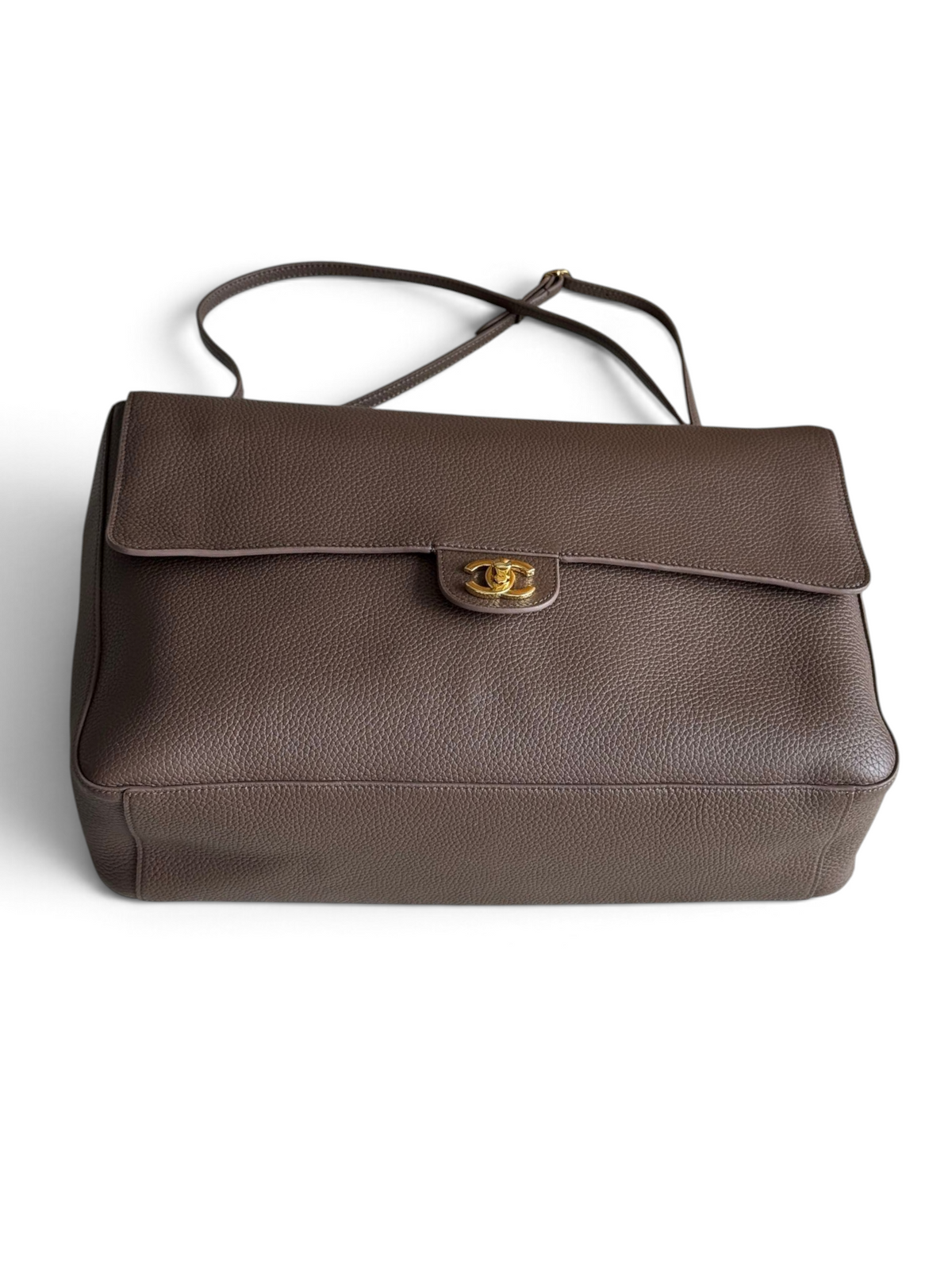 Chanel 26S CF Maxi Large Flap Bag in Taupe Grained Leather with Gold-Tone Hardware - Detail View 3