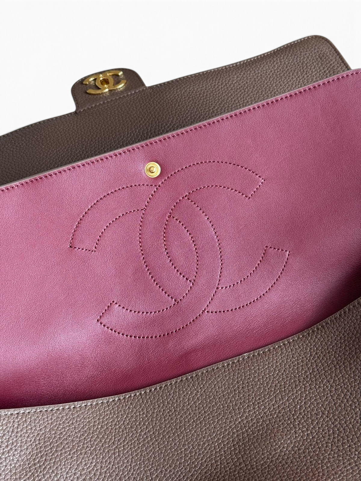 Chanel 26S CF Maxi Large Flap Bag in Taupe Grained Leather with Gold-Tone Hardware - Detail View 7
