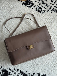 26S CF Maxi Large Flap Bag in Taupe Grained Leather with Gold-Tone Hardware