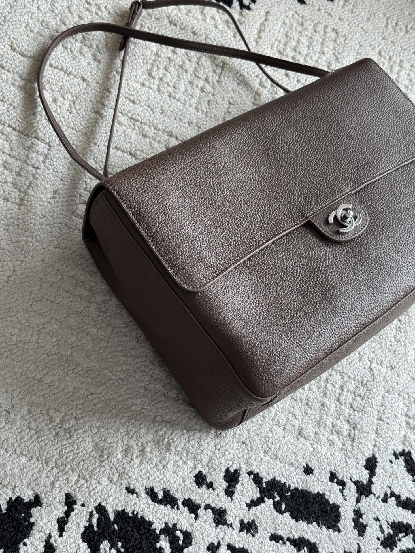 Chanel 26S CF Maxi Large Flap Bag in Taupe Grained Leather with Silver-Tone Hardware - Detail View 2